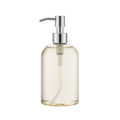 Obraz premium Clear Soap Dispenser Filled With Liquid on a White Background for Home Use and Cleaning Tasks