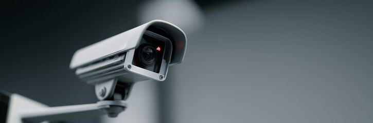 Security camera lens monitoring and protecting public safety. Focusing on object. Banner with copy space. © Denis