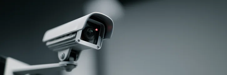 Security camera lens monitoring and protecting public safety. Focusing on object. Banner with copy space. © Denis