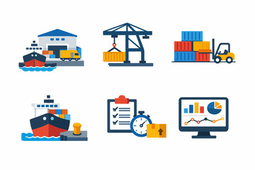 Logistics and cargo transport icons with ships, cranes, and forklifts