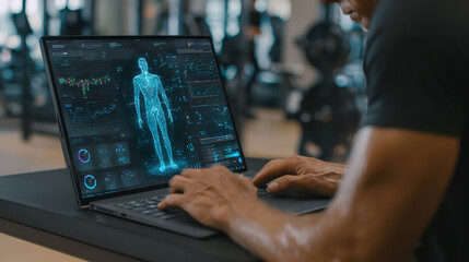 Fitness Coach Analyzing Holographic Health Data on Laptop in Modern Gym for Personalized Training