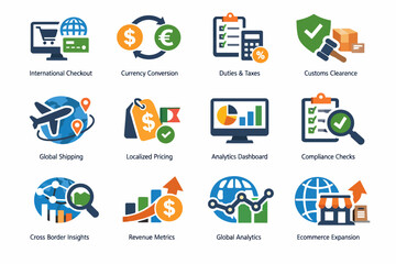 Ecommerce solutions icons featuring analytics and global shipping