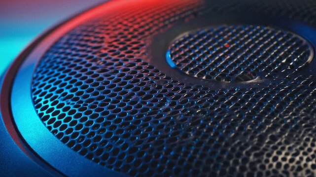 Closeup medium shot of a wireless Bluetooth speaker showcasing enhanced bass features with emphasis on powerful lowfrequency sound output.