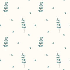 Seamless minimalist botanical pattern with evenly spaced eucalyptus leaves on beige background. Clean repeating texture for modern textile and nursery design. © MDArt