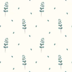 Seamless minimalist botanical pattern with evenly spaced eucalyptus leaves on beige background. Clean repeating texture for modern textile and nursery design. © MDArt