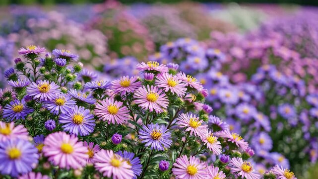 Closeup of pink and purple asters blooming in a field