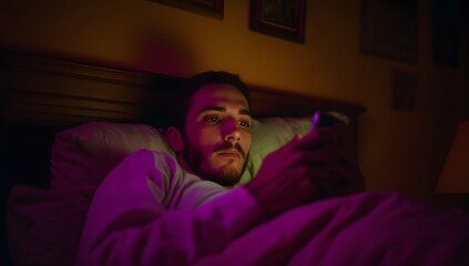 Fototapeta premium Man using smartphone in bed at night