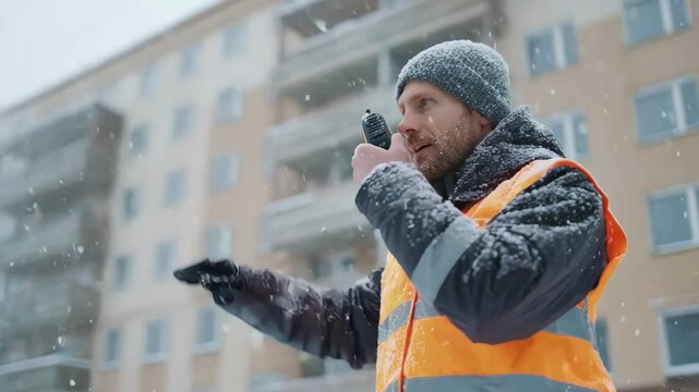 Medium shot of an inspector using infrared thermal imaging outdoors in winter identifying insulation gaps on a building facade covered with snow.