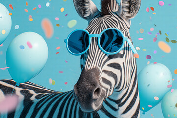 Naklejka premium Funny striped zebra wearing sunglasses holding happy birthday balloons and confetti explosion flying around greeting card invitation on blue background with copy space.