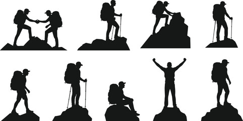 Hiking silhouette illustration, outdoor adventure artwork, backpack trekking design, mountain climbing vector, teamwork and exploration motif, black and white hiker art © Dilip