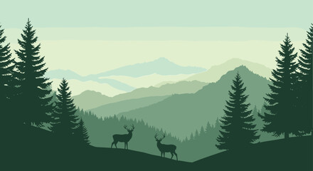 Scenic mountain forest landscape illustration, deer standing on grassy hill, misty green mountain ranges, tranquil nature artwork, peaceful wildlife stock image