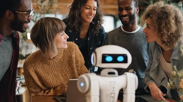 Candid medium shot of a diverse group using a robotic translation device showcasing seamless multilingual conversations facilitated by cuttingedge AI.