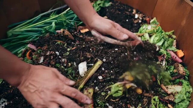 Closeup of hands mixing kitchen scraps with soil for backyard organic waste composting showcasing ecofriendly home gardening practices.
