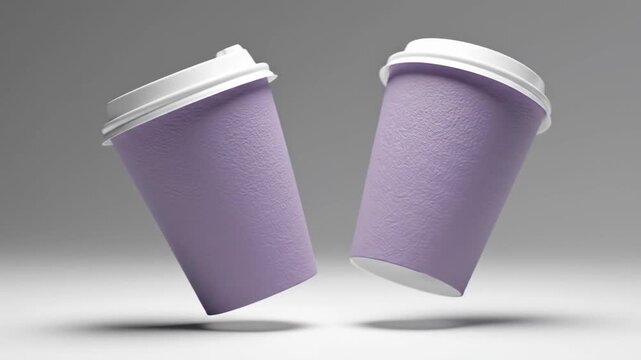 Two floating purple coffee cups with white lids against a gray background