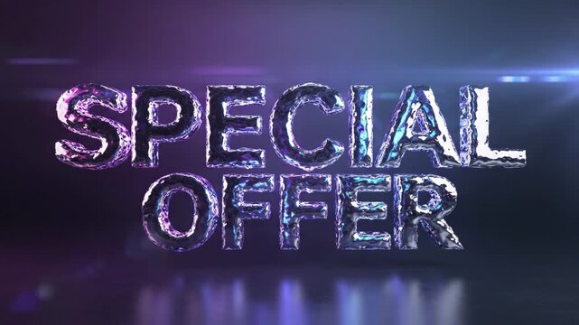 Special offer text in 3d chrome or liquid metal style with purple and blue lighting effects