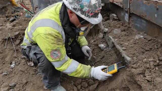 Worker adjusts handheld geiger counter while inspecting soil samples in a secure waste remediation site ensuring minimal radiation exposure.