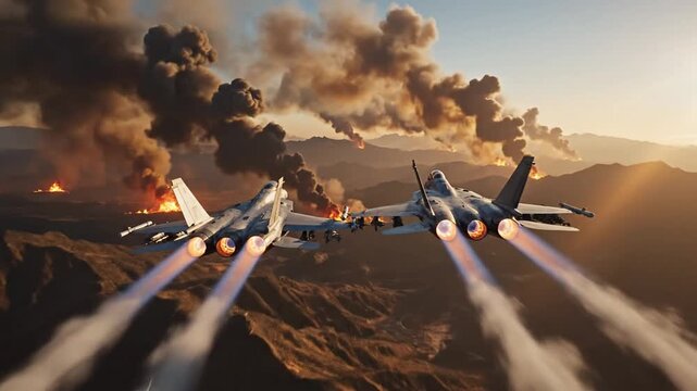 Fighter Jets Soaring Over Fiery Battlefield at Sunset