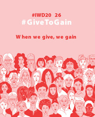 Fototapeta premium Give to Gain, International Women Day Equality Poster with Diverse Female Faces