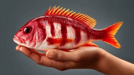 Obraz premium Captivating red fish held in hand with vibrant scales and striking fins, showcased against a soft gray background, emphasizing its vivid colors and intricate details