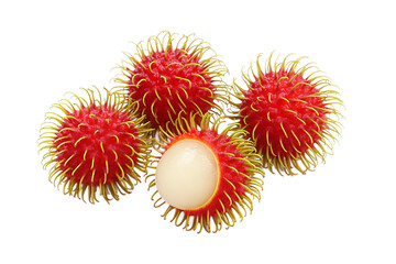 Vibrant, Hairy Red Rambutan Tropical Fruit with White Flesh Isolated on White