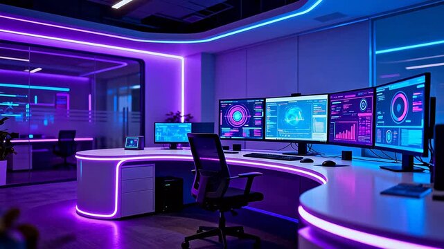 Modern office with neon lighting and multiple monitors