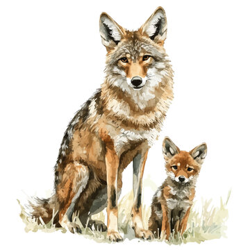 A Mother Coyote With Her Kid, charming watercolor vector with soft tones and graceful design, isolated on a white background.