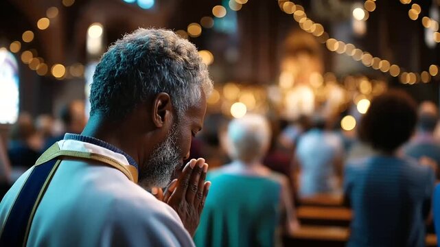 Defocused congregation celebrating with clergy member in church, blurred joyful worship service, religious gathering atmosphere, spiritual community celebration, with copy space