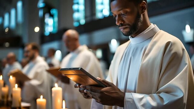 Faceless clergy member in white vestments holding tablet during service, modern technology in religious ceremony, church interior setting, contemporary worship scene, with copy spa