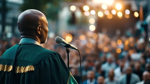 Faceless clergy member preaching to large crowd, religious leadership conveying faith message, hope theme, congregation gathering scene, spiritual address, with copy space