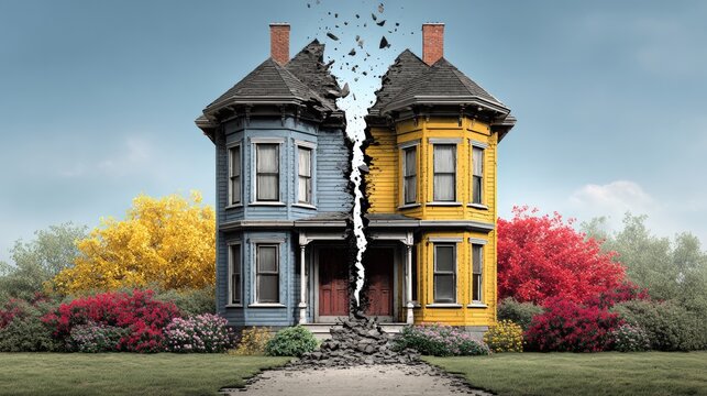 House split in half with contrasting blue and yellow sides, surrounded by colorful flowers and trees, depicting a stylized representation of divorce and separation in a cartoonish manner