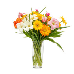 Obraz premium Bright Flowers in a Clear Glass Vase Arranged on a White Background