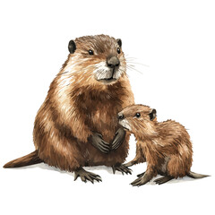 A Mother Beaver With Her Kid, charming watercolor vector with soft tones and graceful design, isolated on a white background. © soltrex