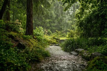 Serene forest landscape during rain with fresh greenery, vibrant flowers, and a charming stone path leading to a tranquil open space surrounded by nature's beauty