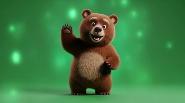 Smiling Bear waving hello: A cute and friendly cartoon bear with a warm smile waves hello against a vibrant backdrop, inviting connection and joy. 