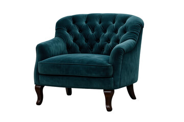 Teal velvet tufted armchair featuring a vintage design with rolled arms and dark wood legs, conveying luxury and comfort