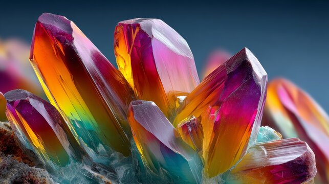 Close-up of vibrant silicate crystals with jagged edges and iridescent colors, showcasing sharp geometric forms and internal refractions against a dark background