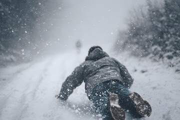 A person struggling in heavy snowfall