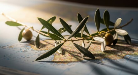 Crossed Olive Branches on World Map for Peace and Diplomacy