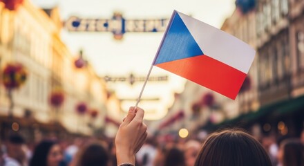 Hand Waving Czech Republic Flag at Sun-Drenched Street Festival