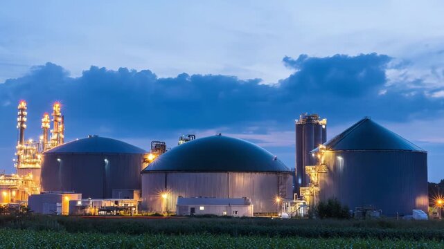 Medium shot of a modern anaerobic digestion facility processing organic waste into biofuel with large digesters and flares glowing at dusk.