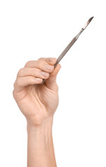 Medical worker with scalpel on white background, closeup
