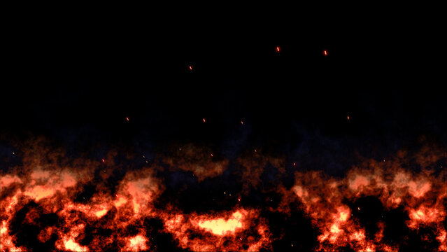 Background: Bonfire, Fire. Epic flames, smoldering embers, and smoke rise against a dark, ominous background with shimmering particles.