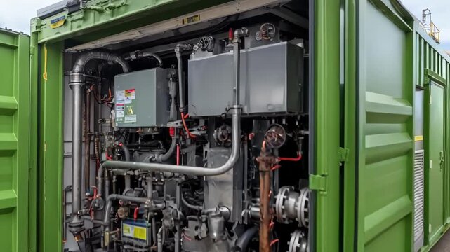 Industrial medium shot showcasing a mobile pyrolysis setup processing plastic waste focusing on clean energy generation and waste management solutions.