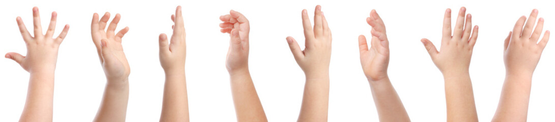 Kids showing hands on white background, closeup