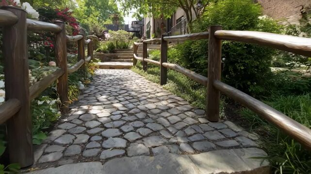 Medium shot showcasing a rustic cobblestone garden path with supportive handrails emphasizing textured senioraccessible routes that blend charm with ease of movement.