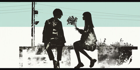 花を贈る男女のシルエット