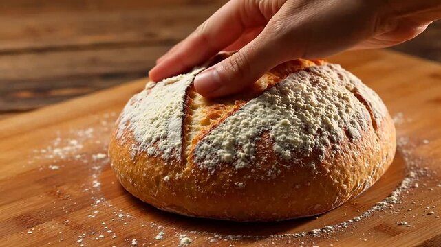 Freshly baked bread being touched
