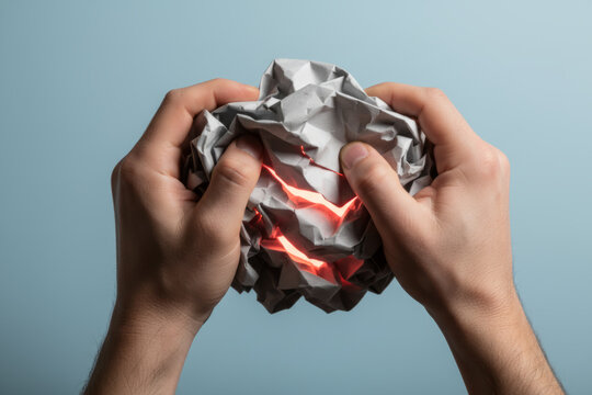 Hands squeezing crumpled paper ball with red glow inside illustrating stress, frustration, hidden anger and burnout concepts, symbolizing pressure or rejected ideas with burning energy