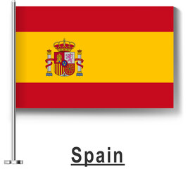 Spain National Flag on Metal Pole Isolated on White Background
