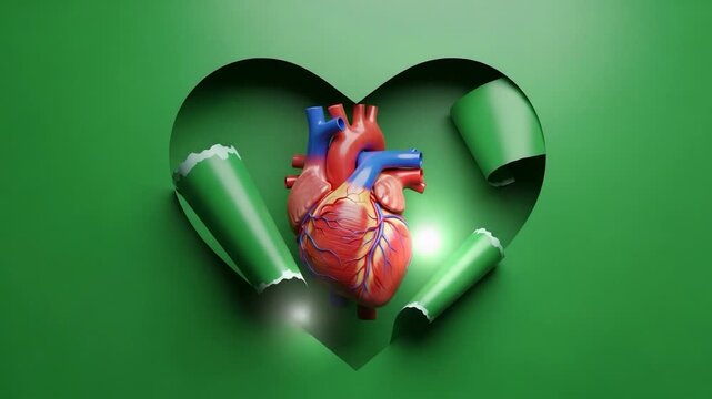 Healthy Heart: A conceptual image symbolizing health and well-being, featuring a vibrant heart artfully displayed within a heart-shaped cutout against a lush green backdrop.